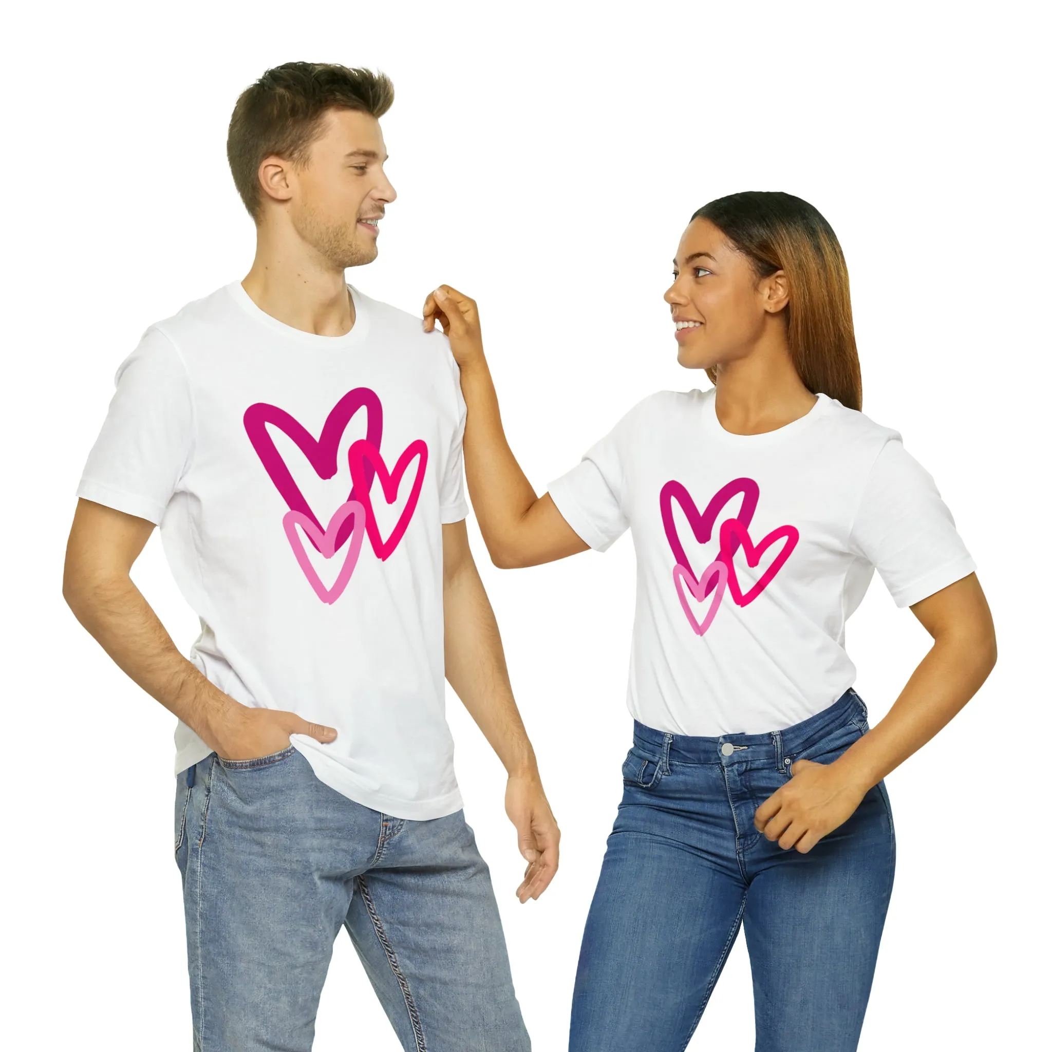 Pink Hearts Happy Valentine's Day T-Shirt | Sweetheart Tee |  Bella Canvas 3001 Unisex |  Three Love Hearts Short Sleeve Tshirt