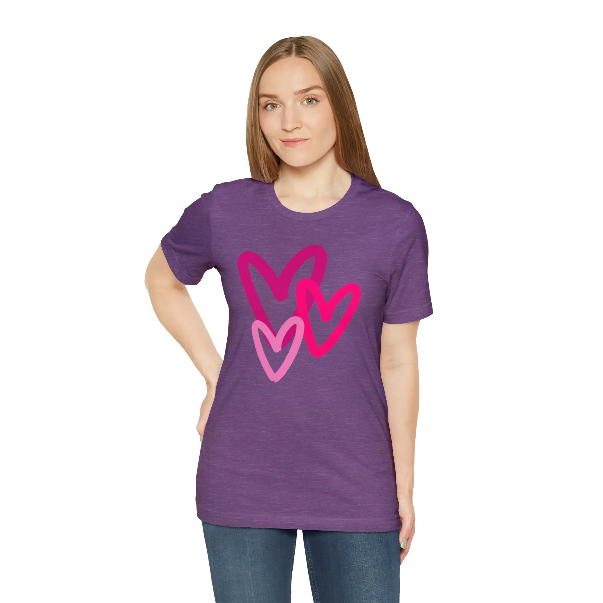 Pink Hearts Happy Valentine's Day T-Shirt | Sweetheart Tee |  Bella Canvas 3001 Unisex |  Three Love Hearts Short Sleeve Tshirt