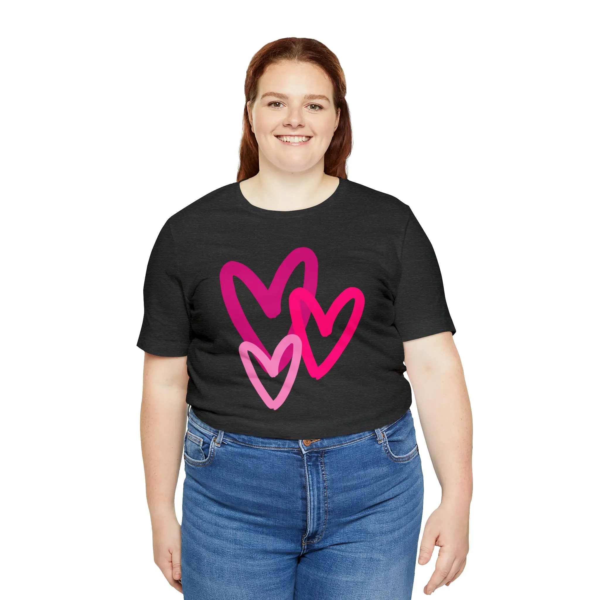 Pink Hearts Happy Valentine's Day T-Shirt | Sweetheart Tee |  Bella Canvas 3001 Unisex |  Three Love Hearts Short Sleeve Tshirt