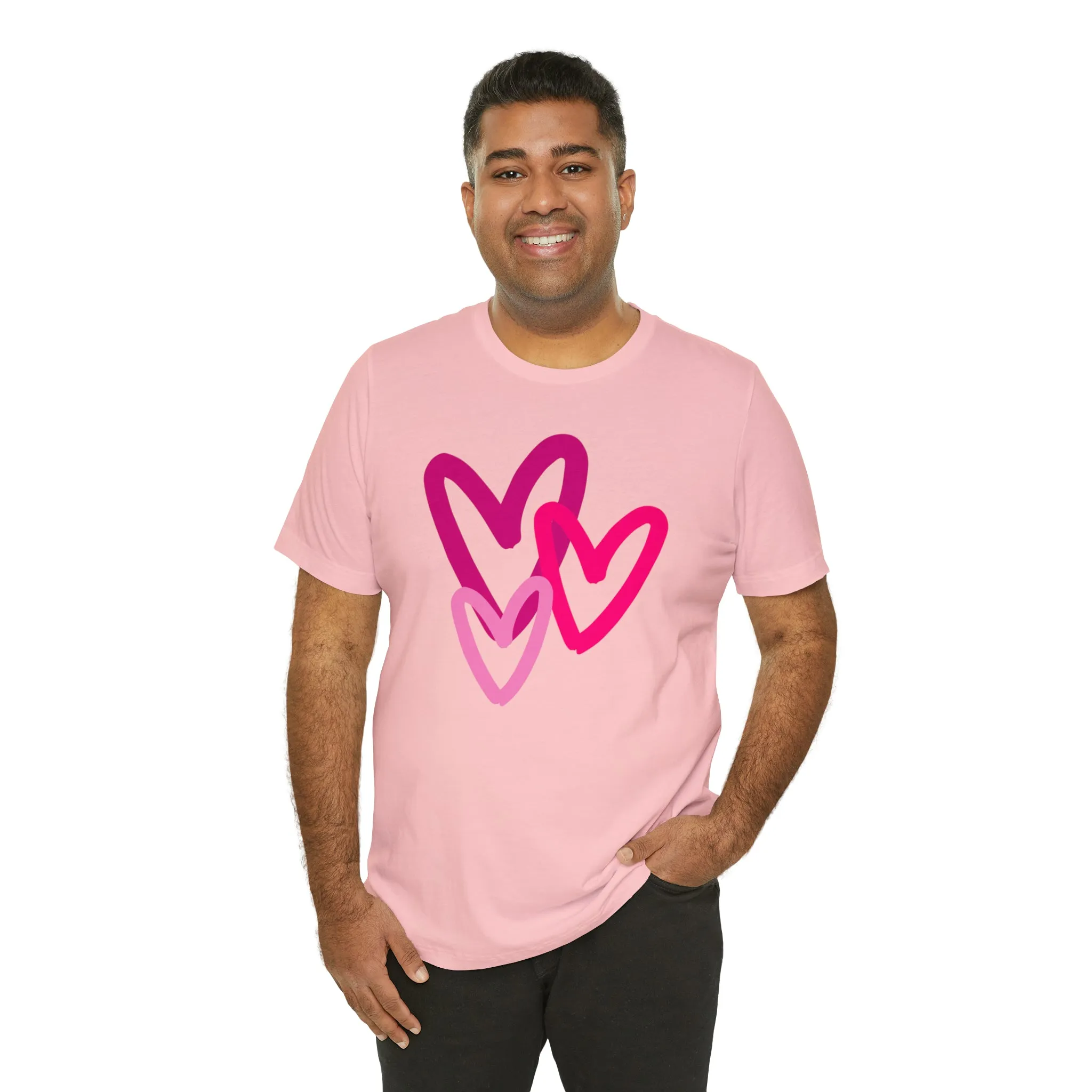 Pink Hearts Happy Valentine's Day T-Shirt | Sweetheart Tee |  Bella Canvas 3001 Unisex |  Three Love Hearts Short Sleeve Tshirt