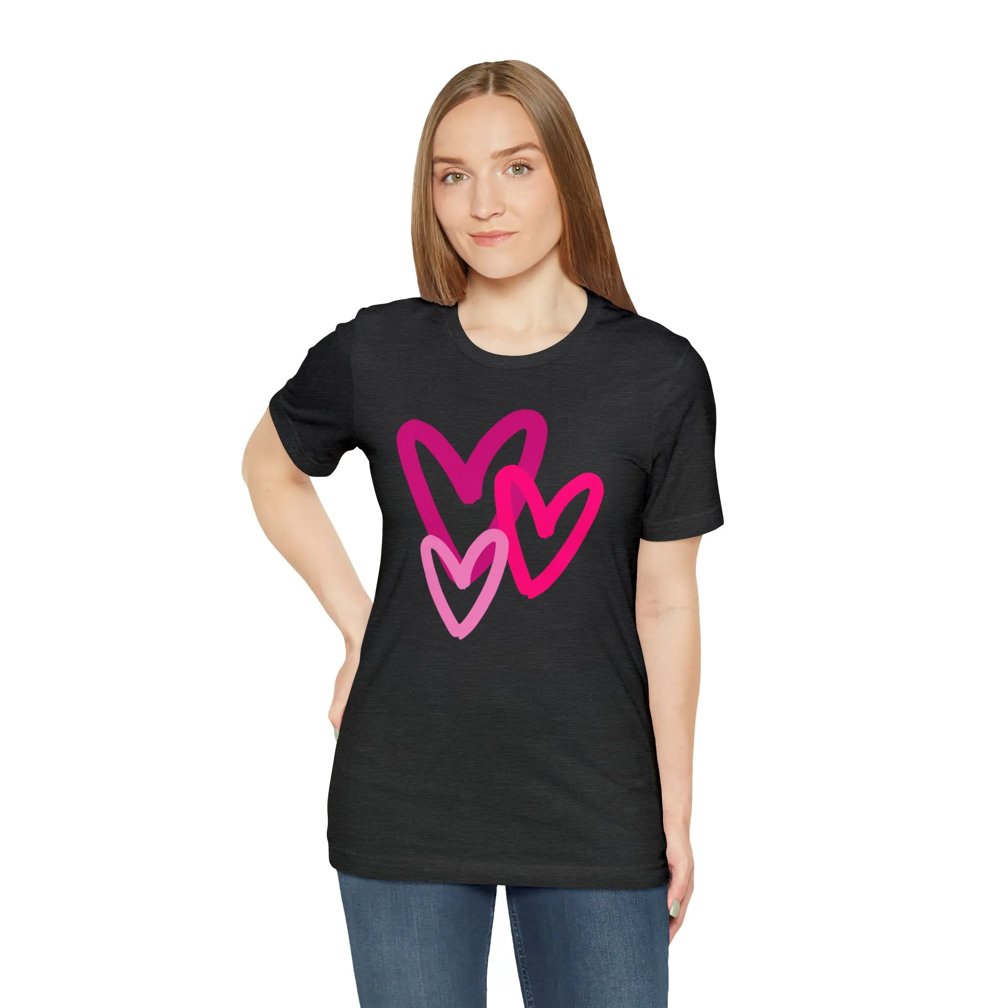 Pink Hearts Happy Valentine's Day T-Shirt | Sweetheart Tee |  Bella Canvas 3001 Unisex |  Three Love Hearts Short Sleeve Tshirt