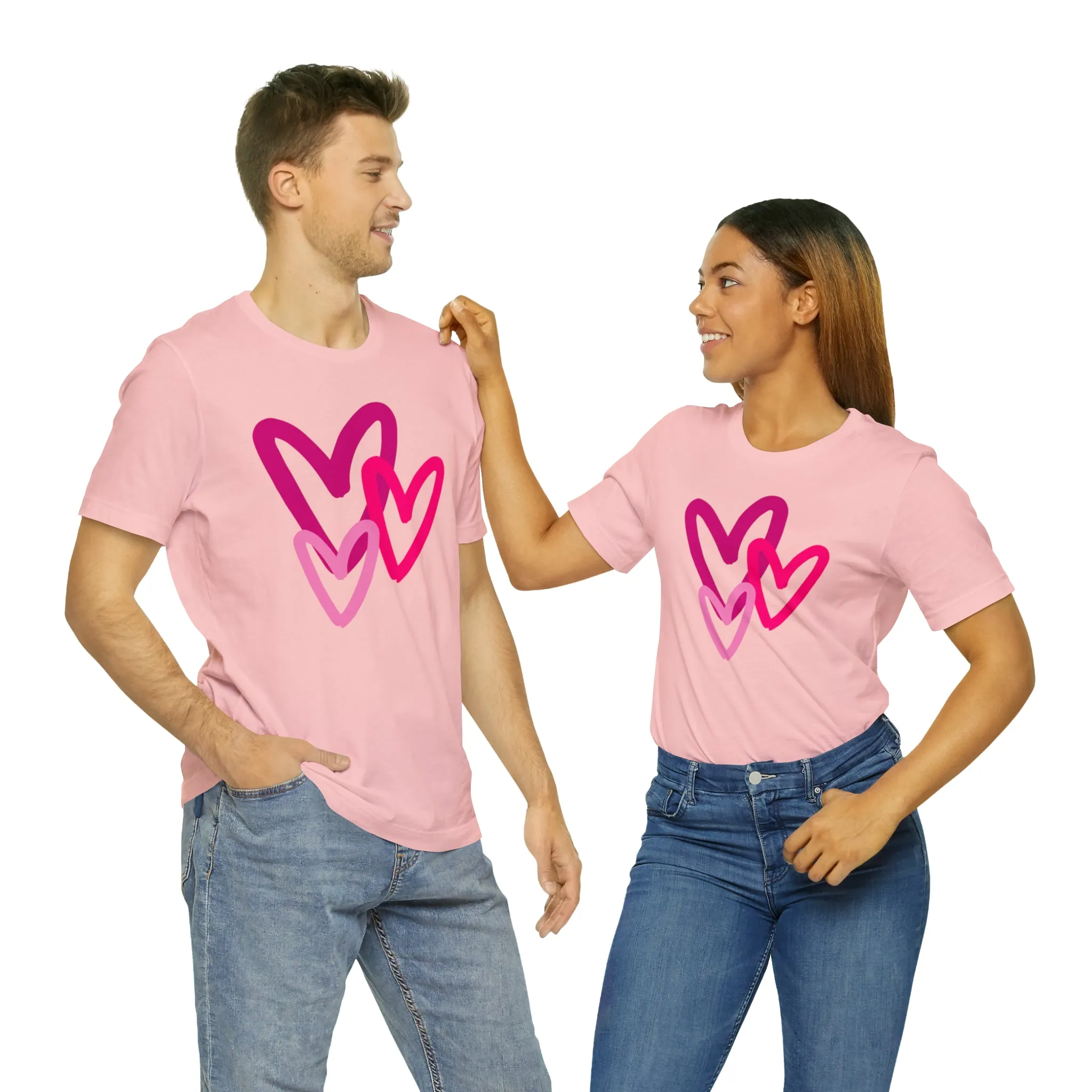 Pink Hearts Happy Valentine's Day T-Shirt | Sweetheart Tee |  Bella Canvas 3001 Unisex |  Three Love Hearts Short Sleeve Tshirt