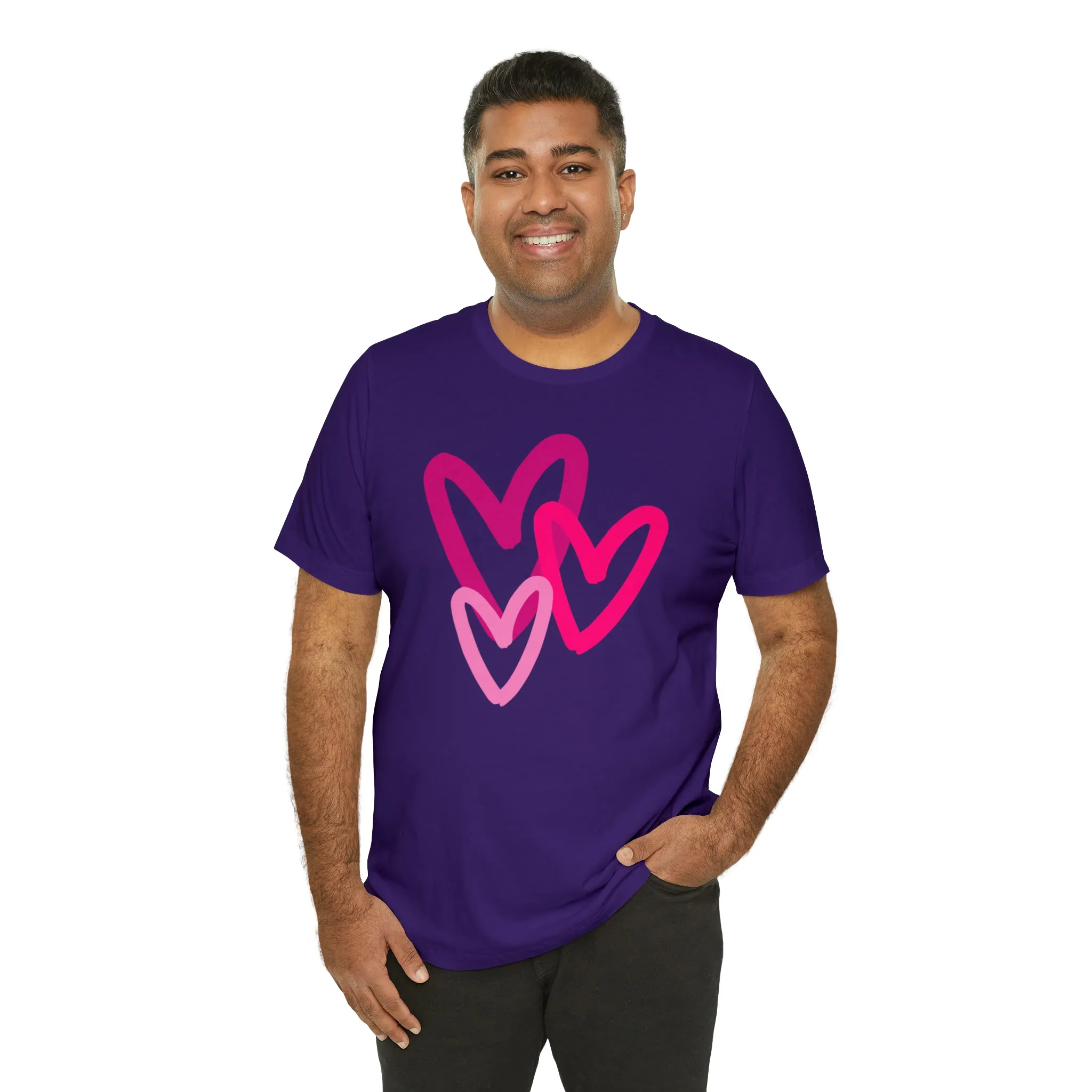 Pink Hearts Happy Valentine's Day T-Shirt | Sweetheart Tee |  Bella Canvas 3001 Unisex |  Three Love Hearts Short Sleeve Tshirt