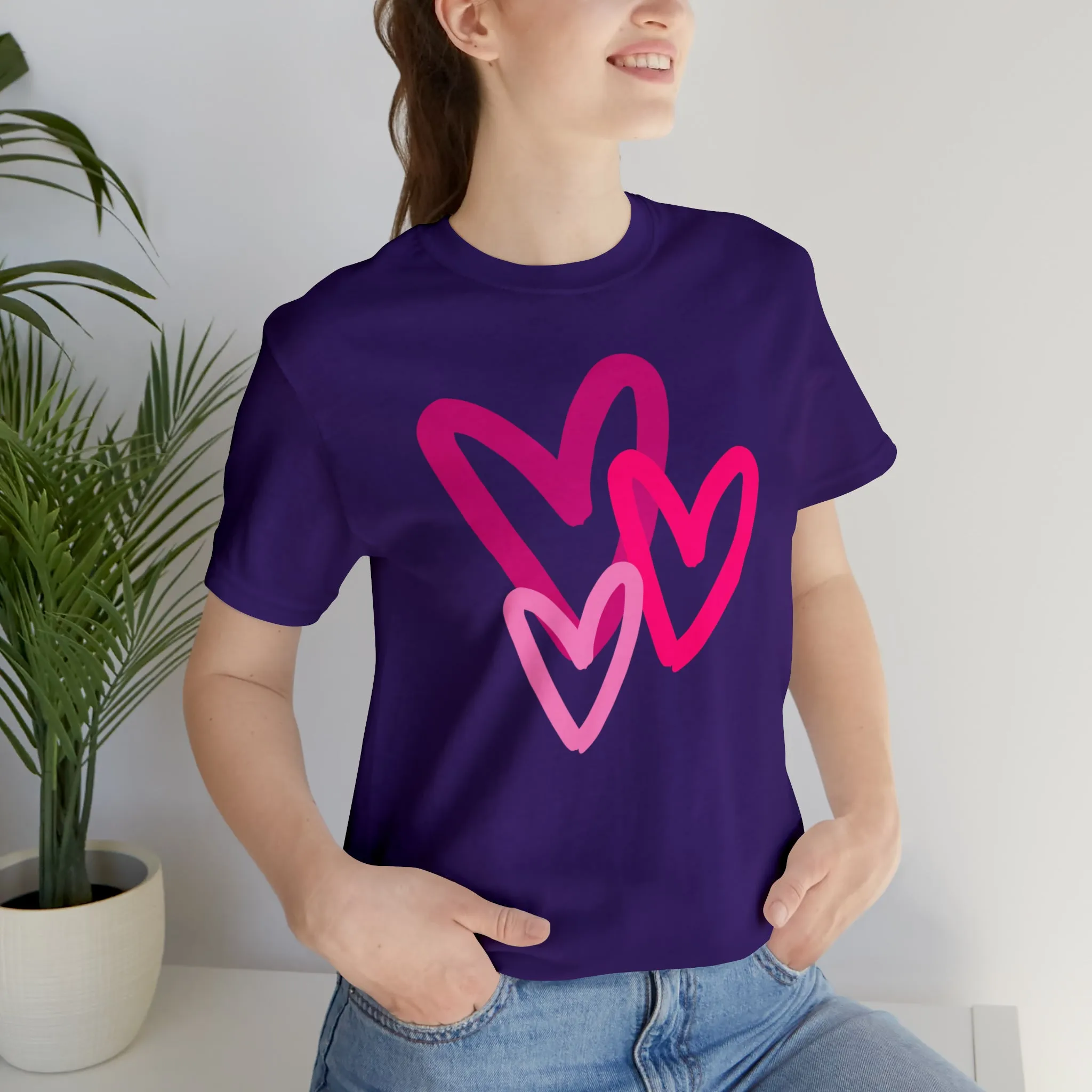Pink Hearts Happy Valentine's Day T-Shirt | Sweetheart Tee |  Bella Canvas 3001 Unisex |  Three Love Hearts Short Sleeve Tshirt
