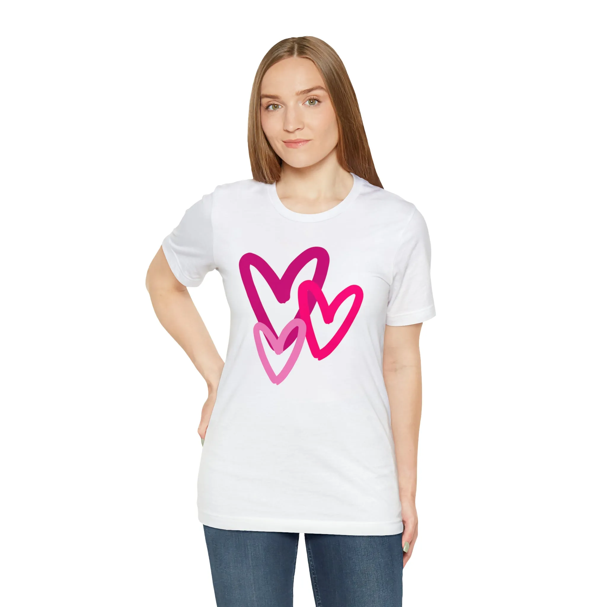 Pink Hearts Happy Valentine's Day T-Shirt | Sweetheart Tee |  Bella Canvas 3001 Unisex |  Three Love Hearts Short Sleeve Tshirt