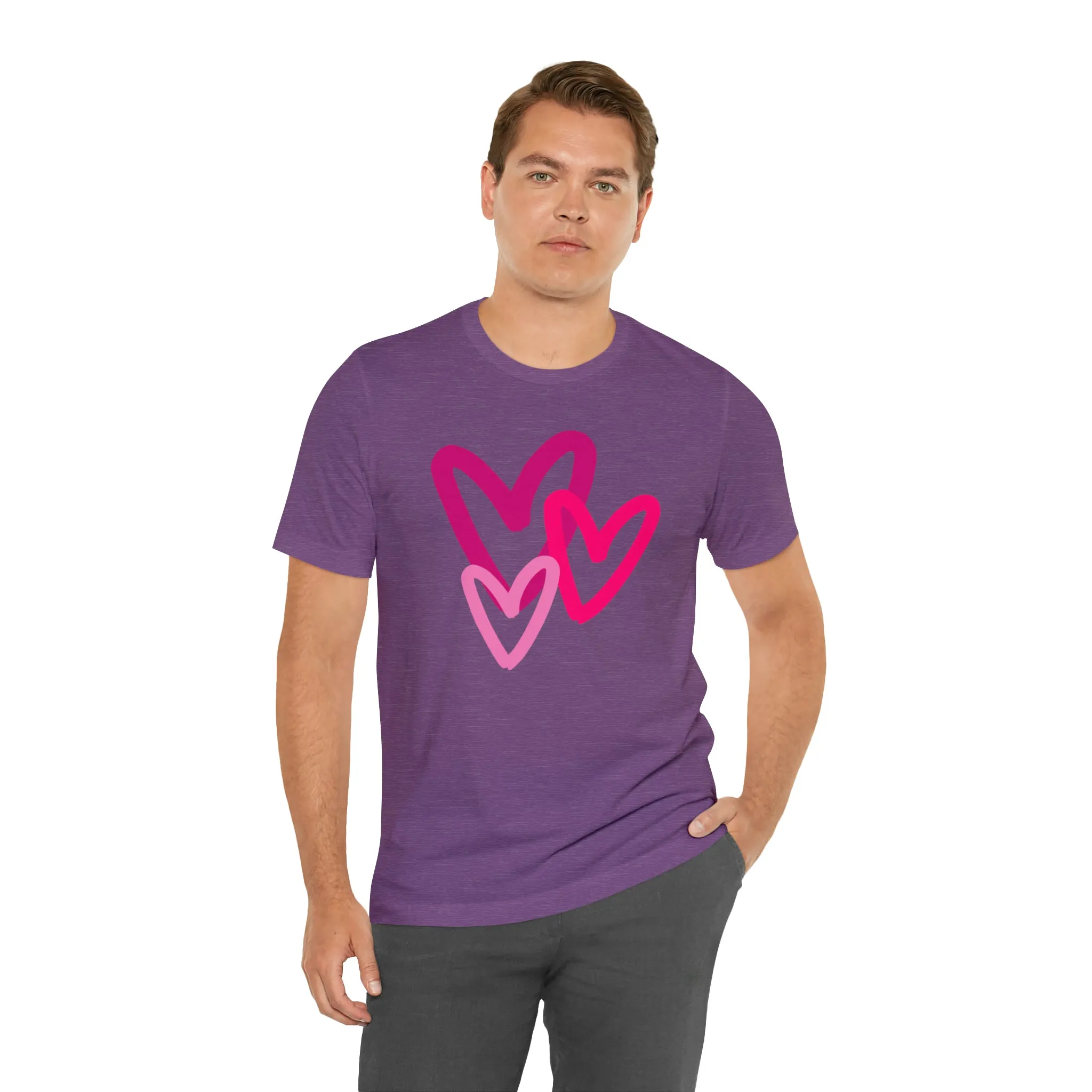 Pink Hearts Happy Valentine's Day T-Shirt | Sweetheart Tee |  Bella Canvas 3001 Unisex |  Three Love Hearts Short Sleeve Tshirt