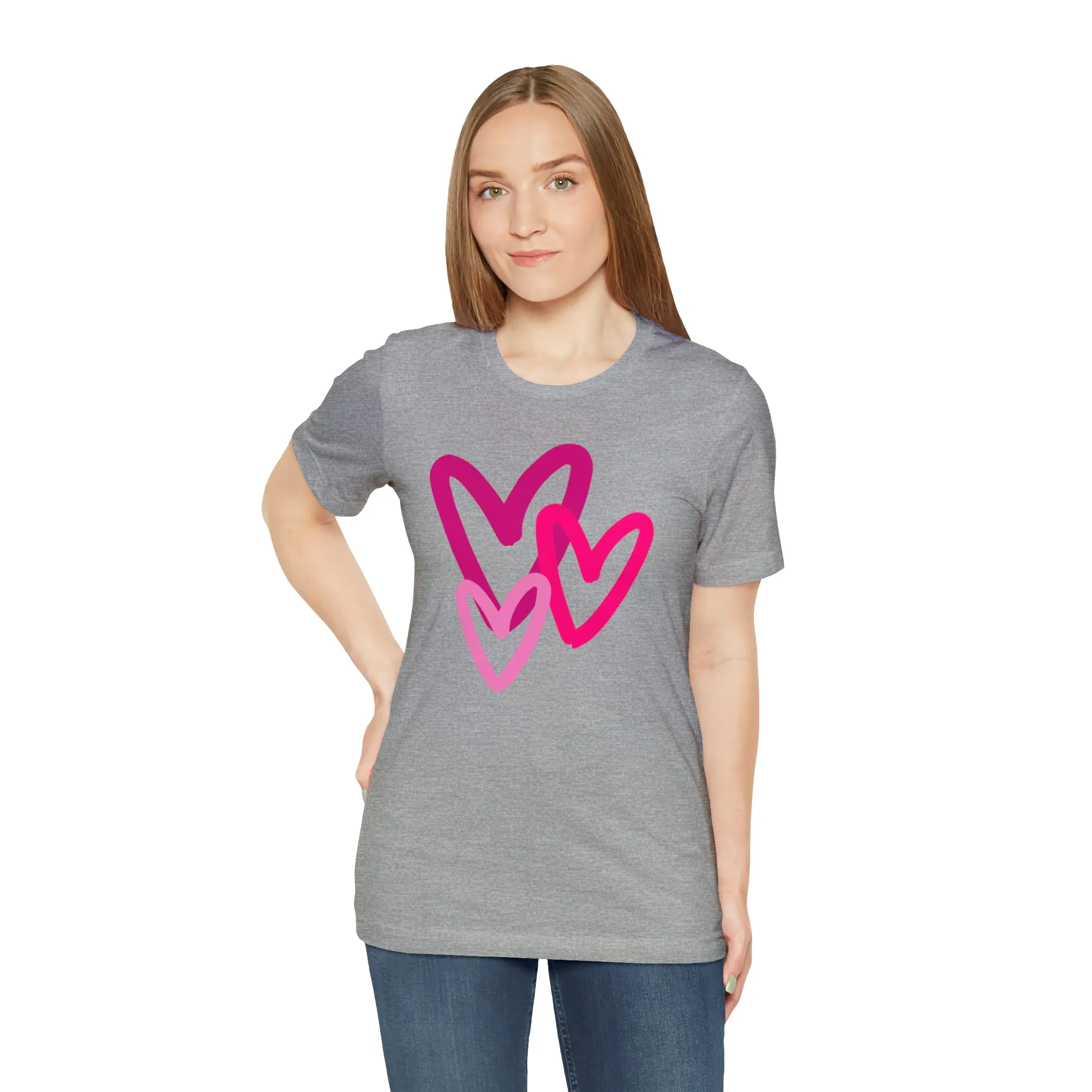 Pink Hearts Happy Valentine's Day T-Shirt | Sweetheart Tee |  Bella Canvas 3001 Unisex |  Three Love Hearts Short Sleeve Tshirt