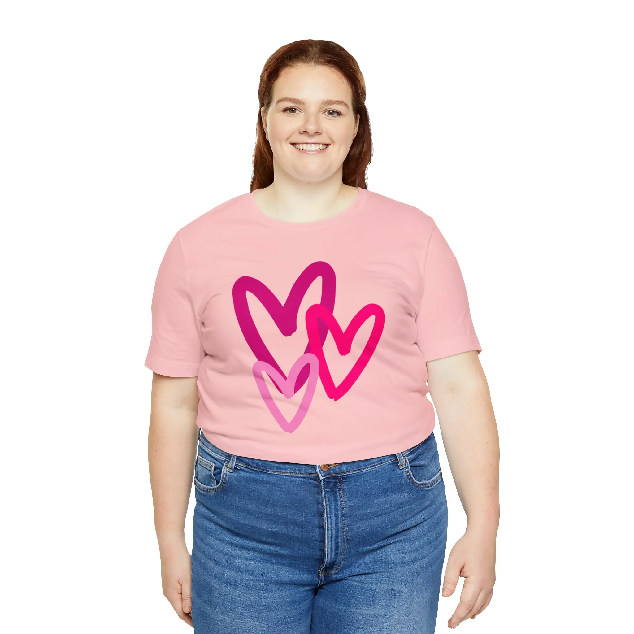 Pink Hearts Happy Valentine's Day T-Shirt | Sweetheart Tee |  Bella Canvas 3001 Unisex |  Three Love Hearts Short Sleeve Tshirt