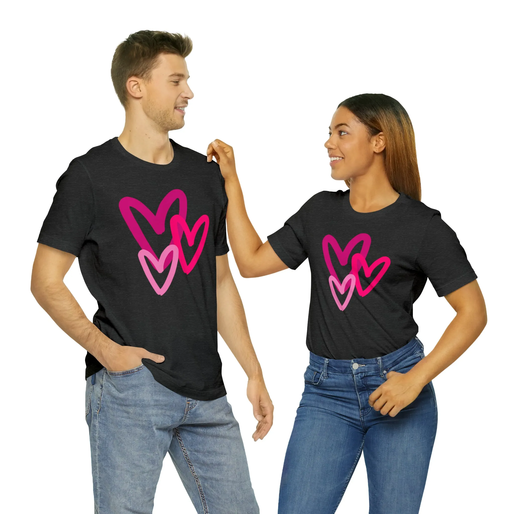 Pink Hearts Happy Valentine's Day T-Shirt | Sweetheart Tee |  Bella Canvas 3001 Unisex |  Three Love Hearts Short Sleeve Tshirt