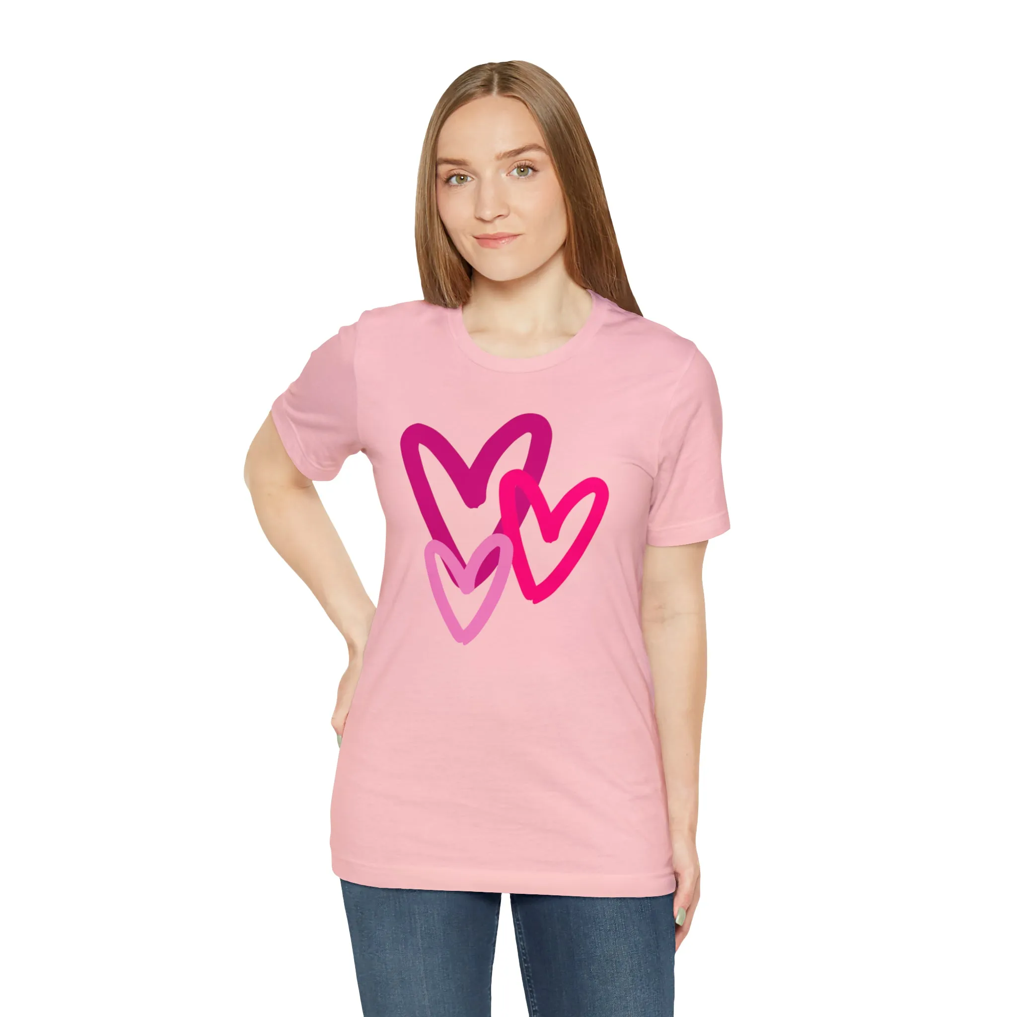 Pink Hearts Happy Valentine's Day T-Shirt | Sweetheart Tee |  Bella Canvas 3001 Unisex |  Three Love Hearts Short Sleeve Tshirt