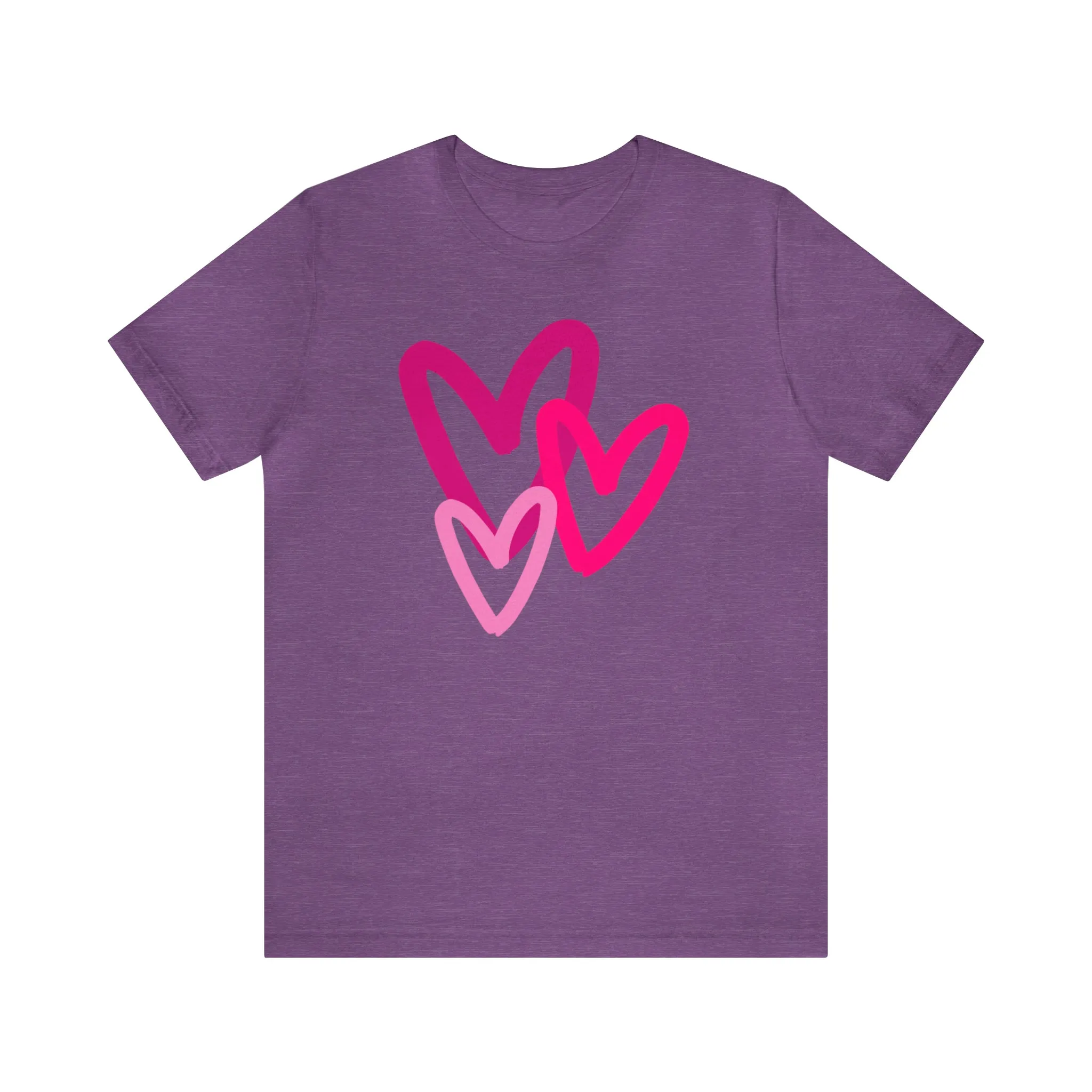 Pink Hearts Happy Valentine's Day T-Shirt | Sweetheart Tee |  Bella Canvas 3001 Unisex |  Three Love Hearts Short Sleeve Tshirt