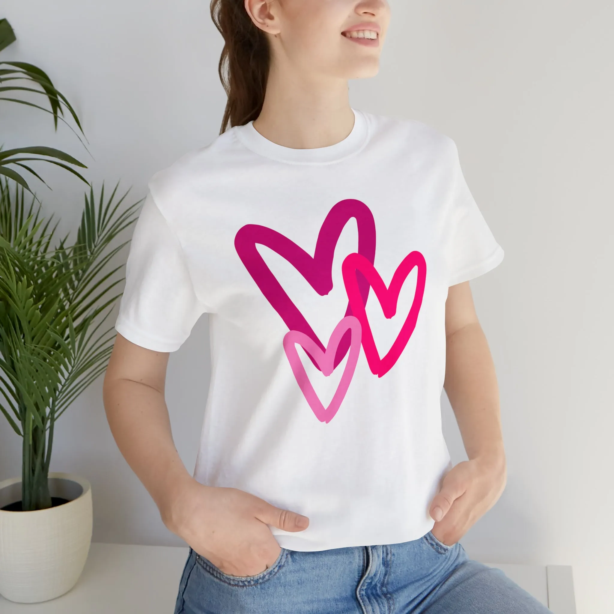 Pink Hearts Happy Valentine's Day T-Shirt | Sweetheart Tee |  Bella Canvas 3001 Unisex |  Three Love Hearts Short Sleeve Tshirt