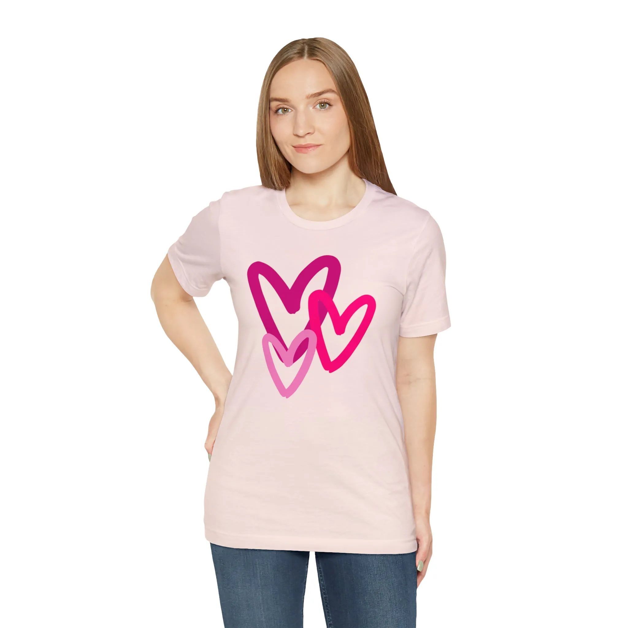 Pink Hearts Happy Valentine's Day T-Shirt | Sweetheart Tee |  Bella Canvas 3001 Unisex |  Three Love Hearts Short Sleeve Tshirt