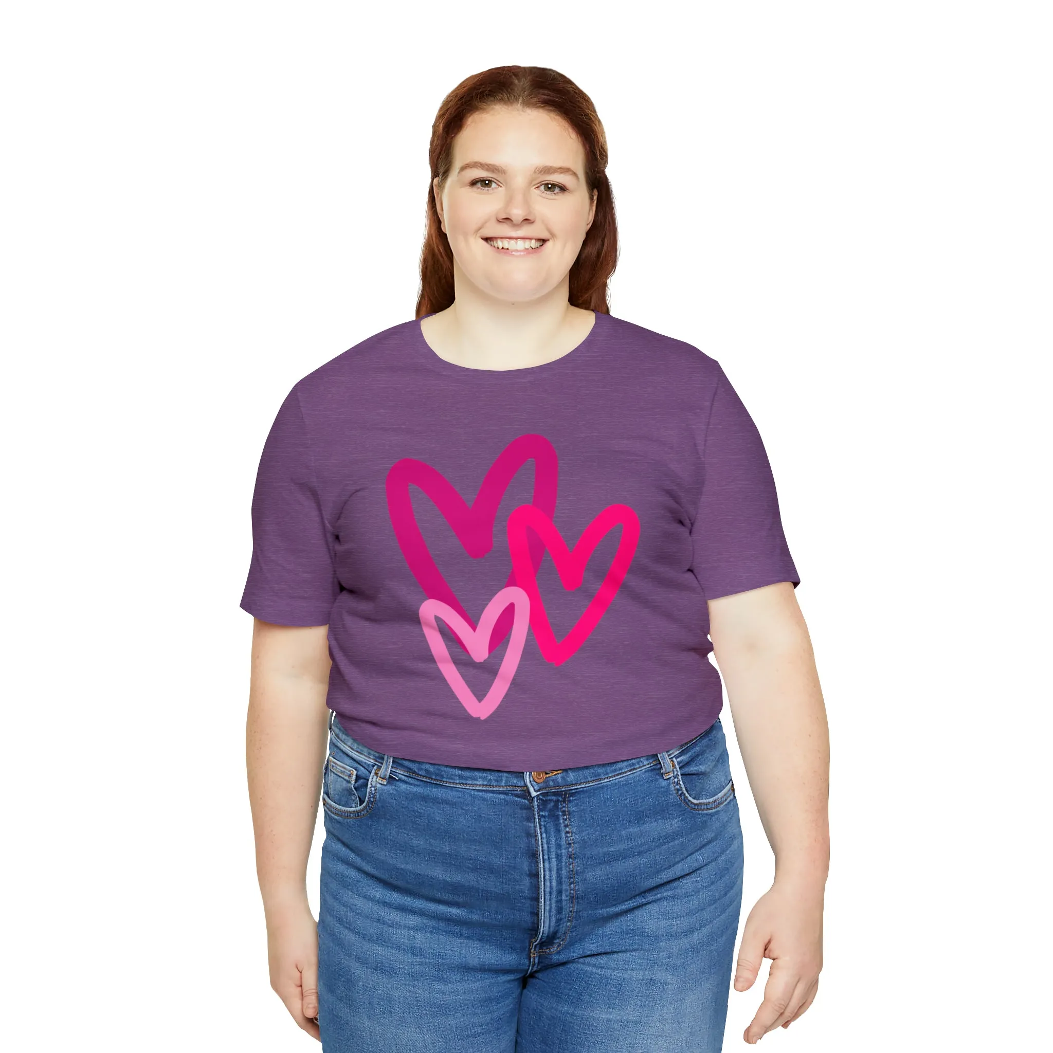 Pink Hearts Happy Valentine's Day T-Shirt | Sweetheart Tee |  Bella Canvas 3001 Unisex |  Three Love Hearts Short Sleeve Tshirt