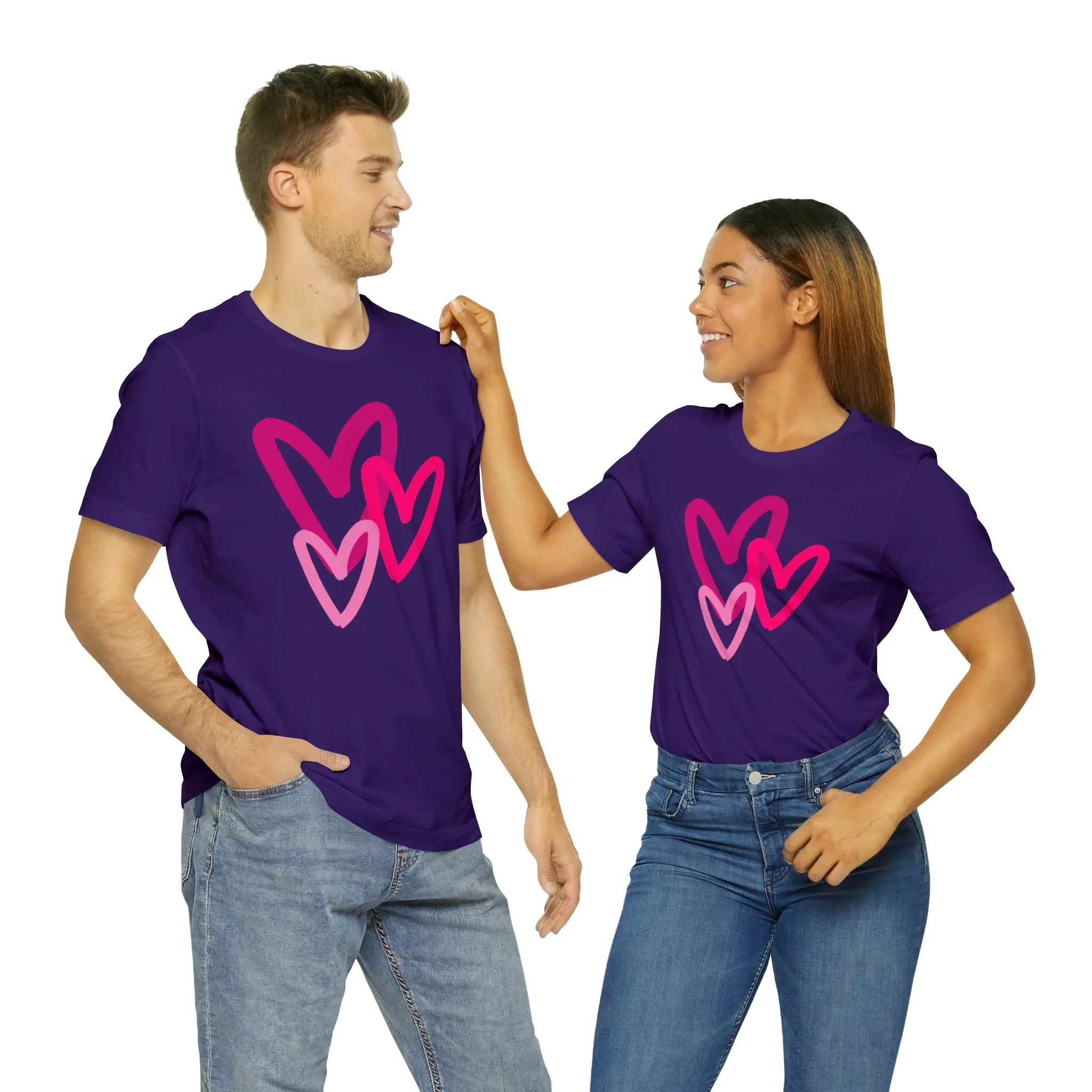 Pink Hearts Happy Valentine's Day T-Shirt | Sweetheart Tee |  Bella Canvas 3001 Unisex |  Three Love Hearts Short Sleeve Tshirt