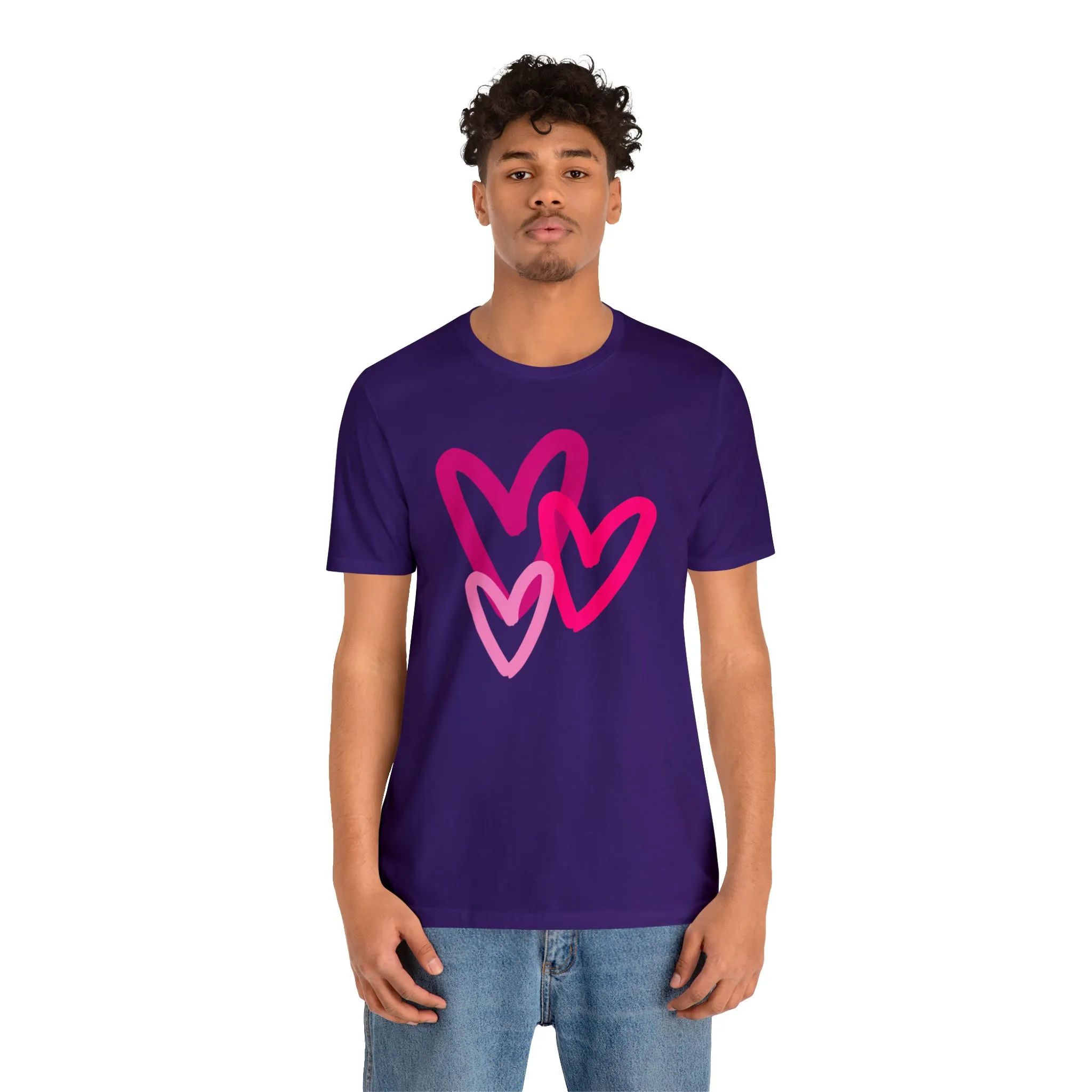 Pink Hearts Happy Valentine's Day T-Shirt | Sweetheart Tee |  Bella Canvas 3001 Unisex |  Three Love Hearts Short Sleeve Tshirt