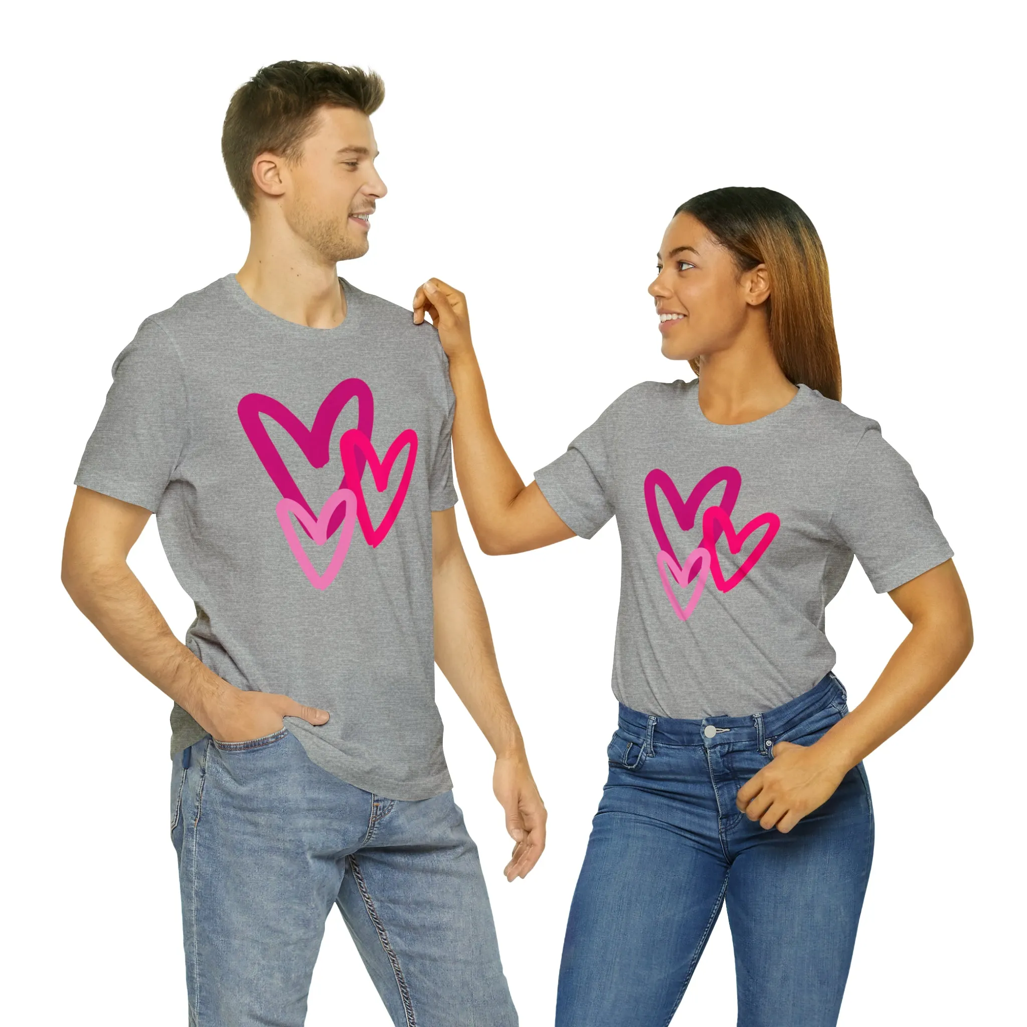 Pink Hearts Happy Valentine's Day T-Shirt | Sweetheart Tee |  Bella Canvas 3001 Unisex |  Three Love Hearts Short Sleeve Tshirt