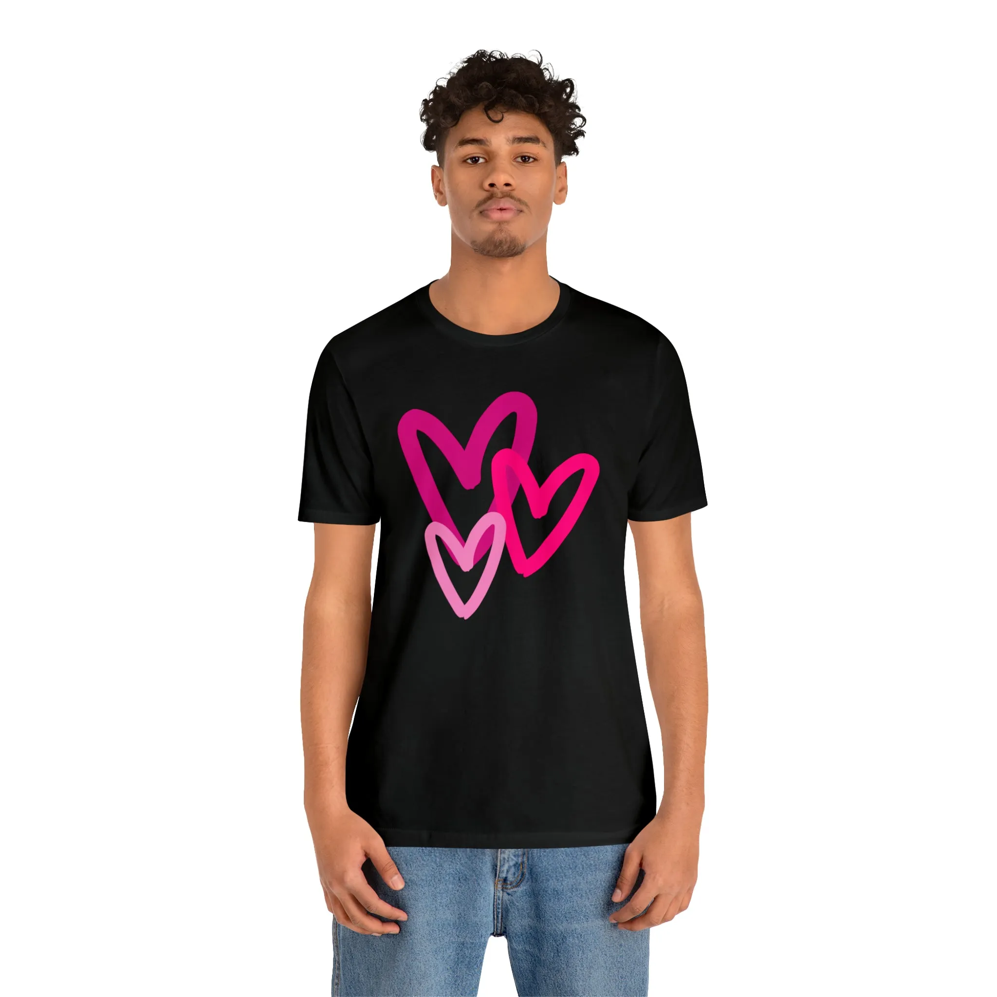 Pink Hearts Happy Valentine's Day T-Shirt | Sweetheart Tee |  Bella Canvas 3001 Unisex |  Three Love Hearts Short Sleeve Tshirt