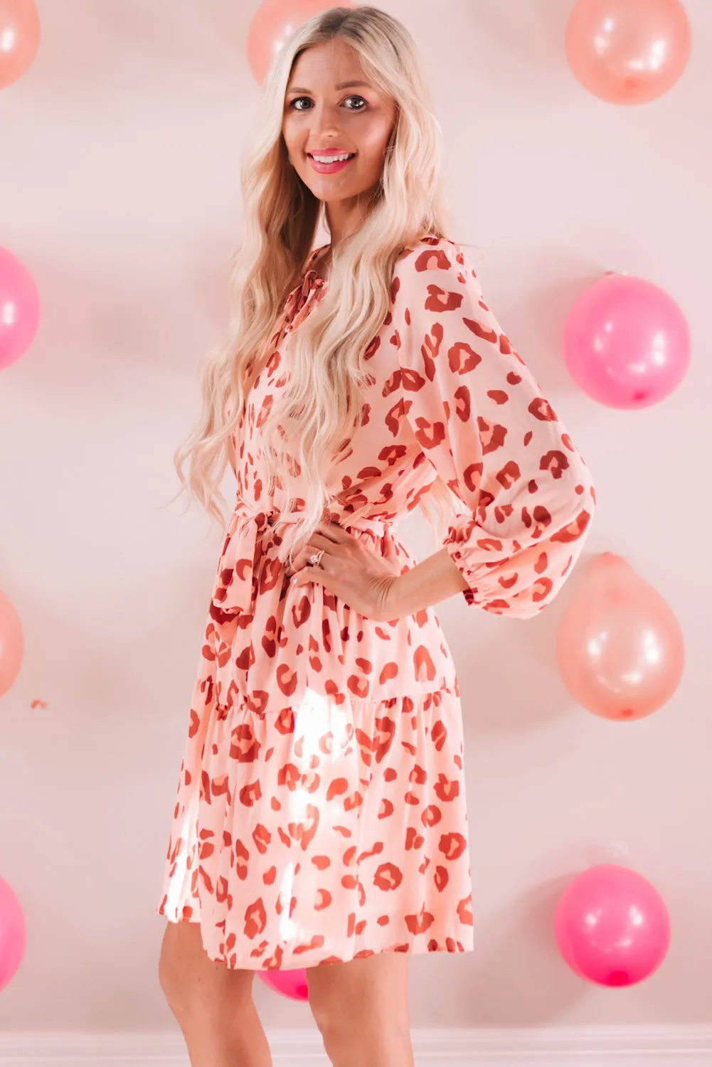 Pink Leopard Long Sleeves Short Dress