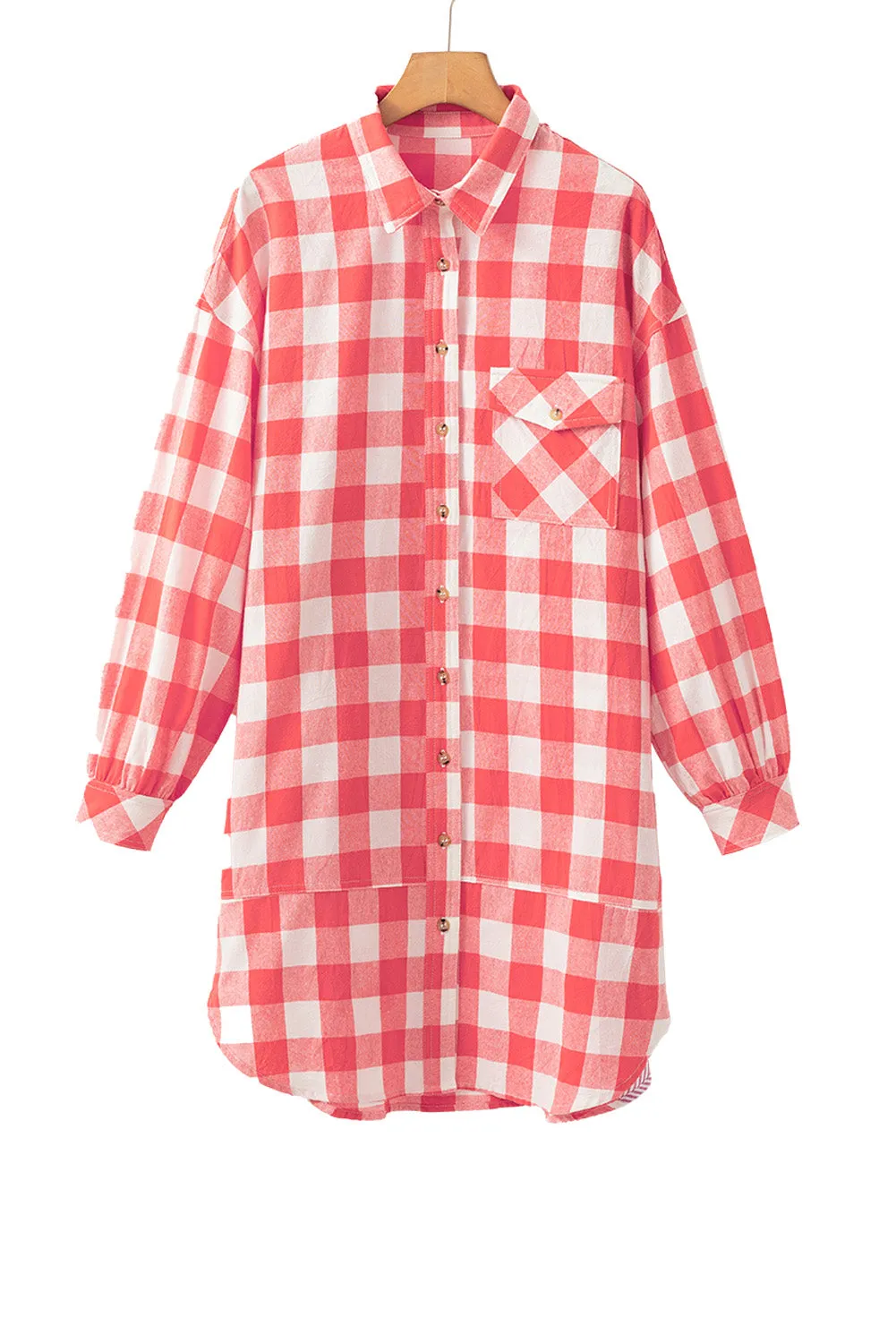 Pink Oversized Plaid Puff Sleeve Round Hem Shirt Dress