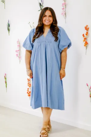 Pretty Lady Smocked Midi Dress in Lt. Blue