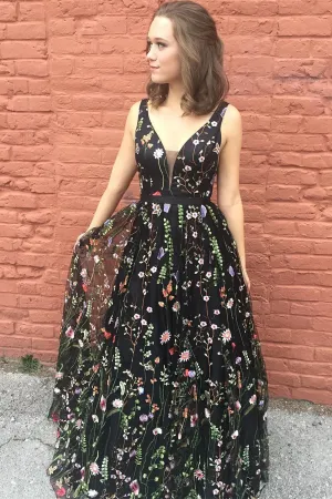 Princess Black Floral V Neck A Line Long Prom Dresses,Graduation Dresses OK976