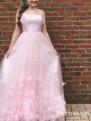 Princess Spaghetti Straps Appliques Pink Long Cheap Prom Dresses, TYP1799