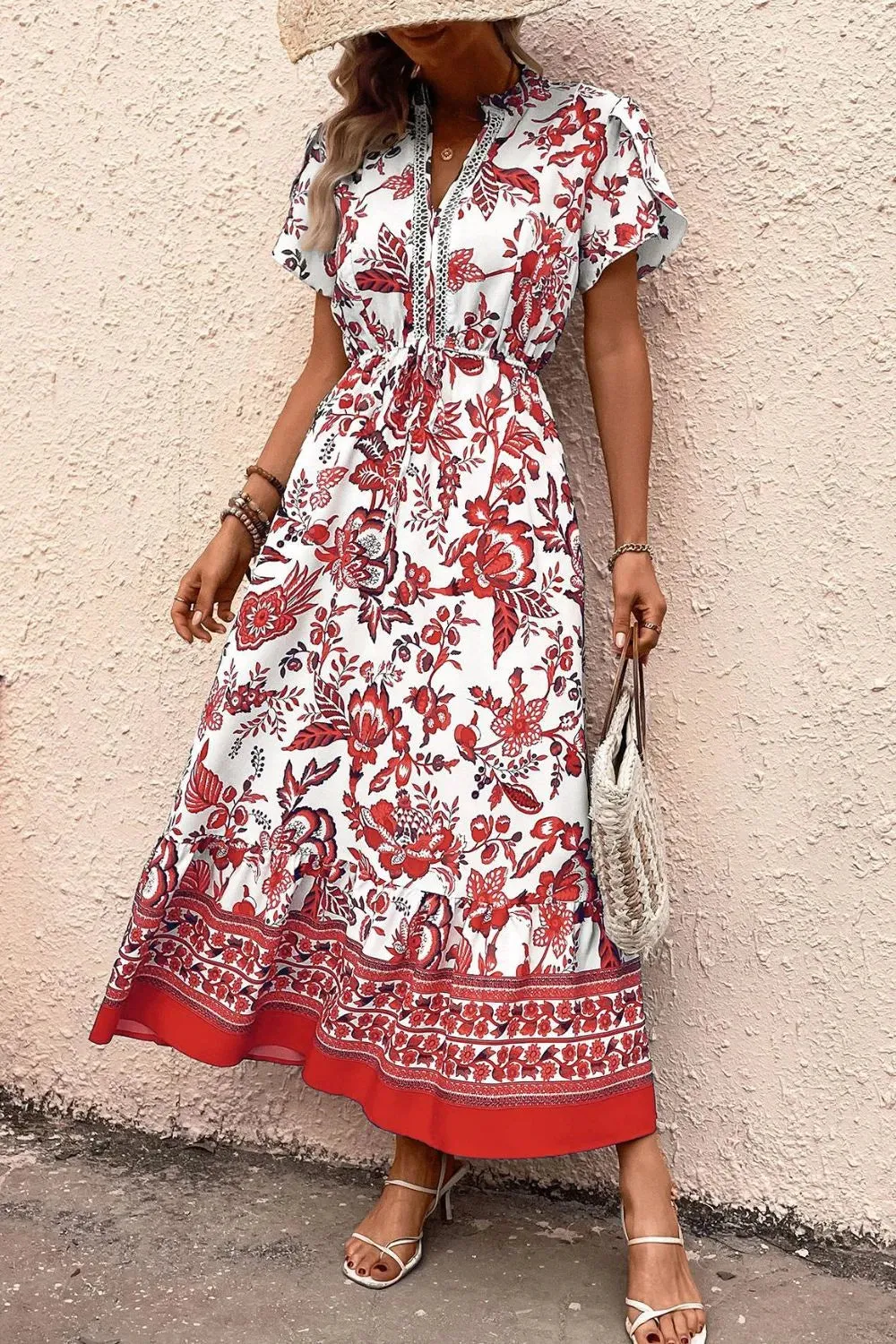 Printed Notched Short Sleeve Dress