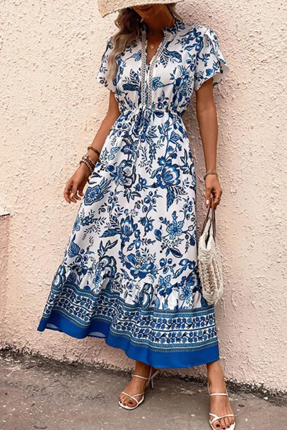 Printed Notched Short Sleeve Dress