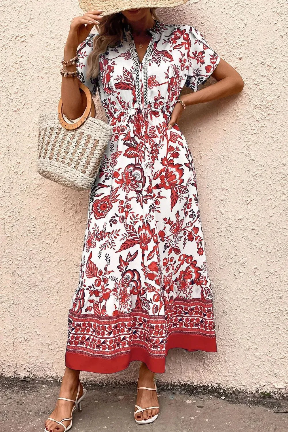 Printed Notched Short Sleeve Dress