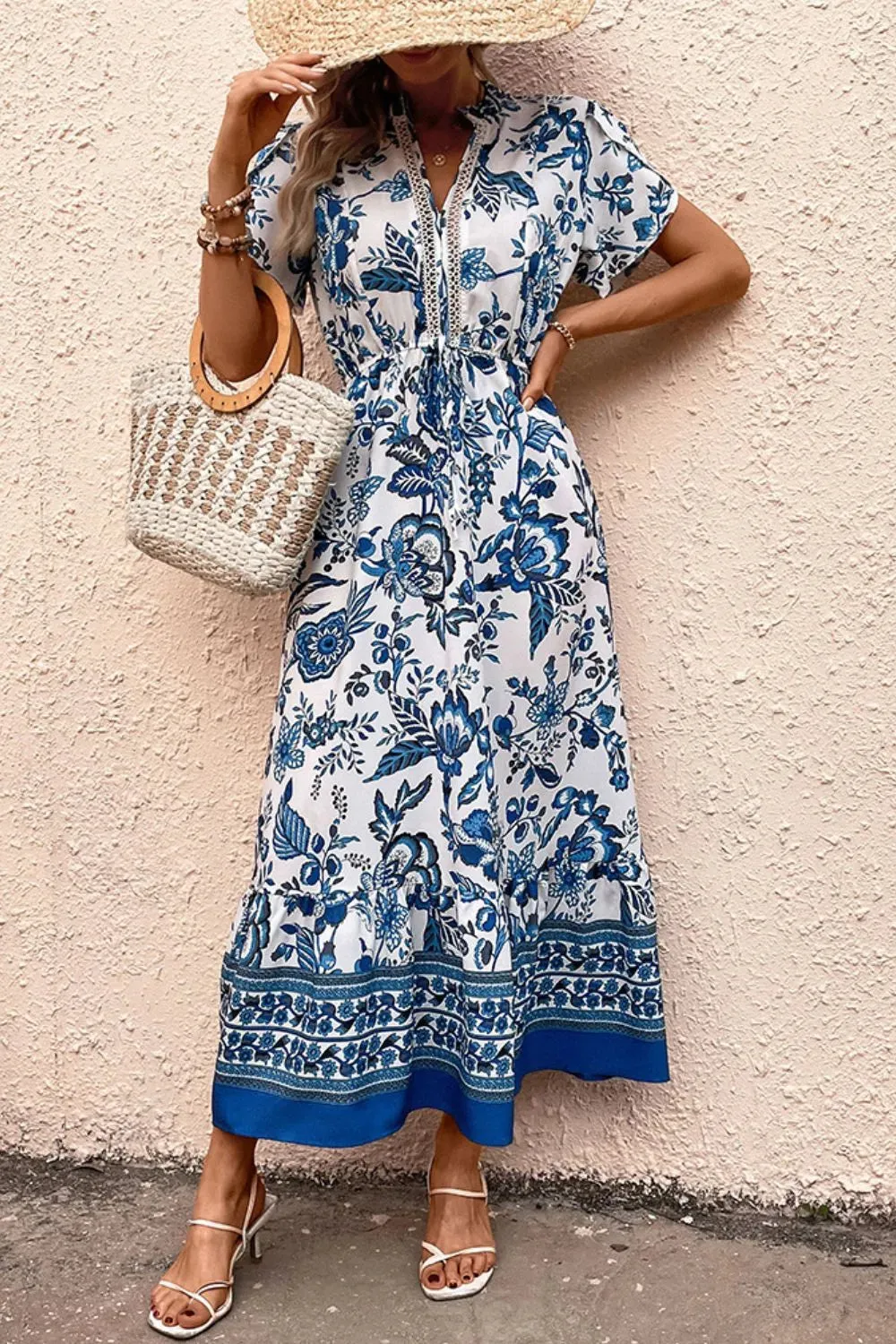 Printed Notched Short Sleeve Dress