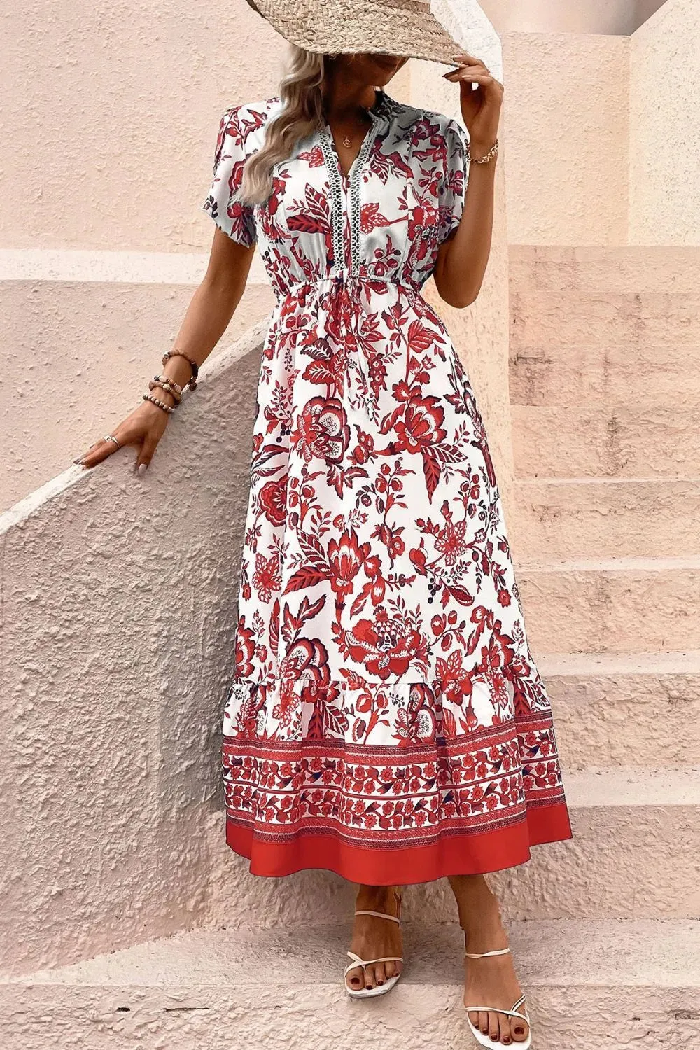 Printed Notched Short Sleeve Dress