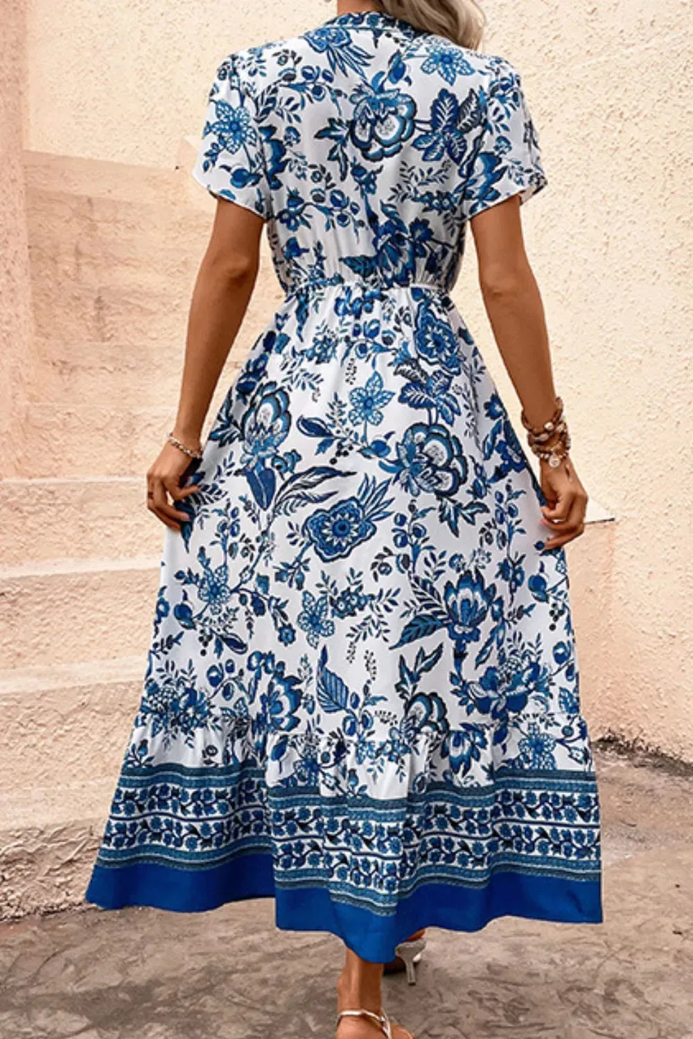 Printed Notched Short Sleeve Dress