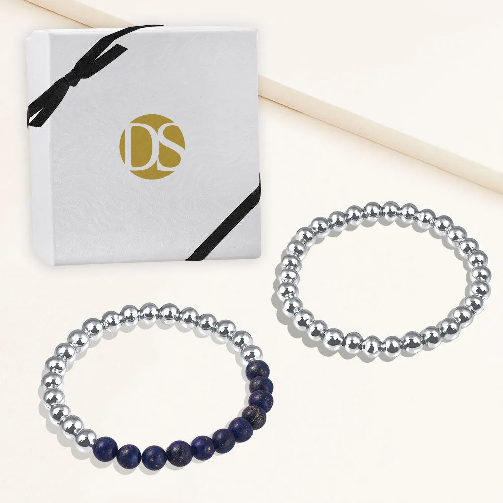 "Serena"  Set of Two Lapis & Highly Polished Beads Stretch Bracelets