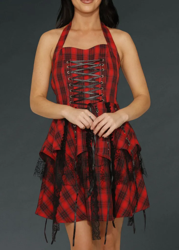 Rebellion Red Plaid Goth Mini Dress With Corset Lacing