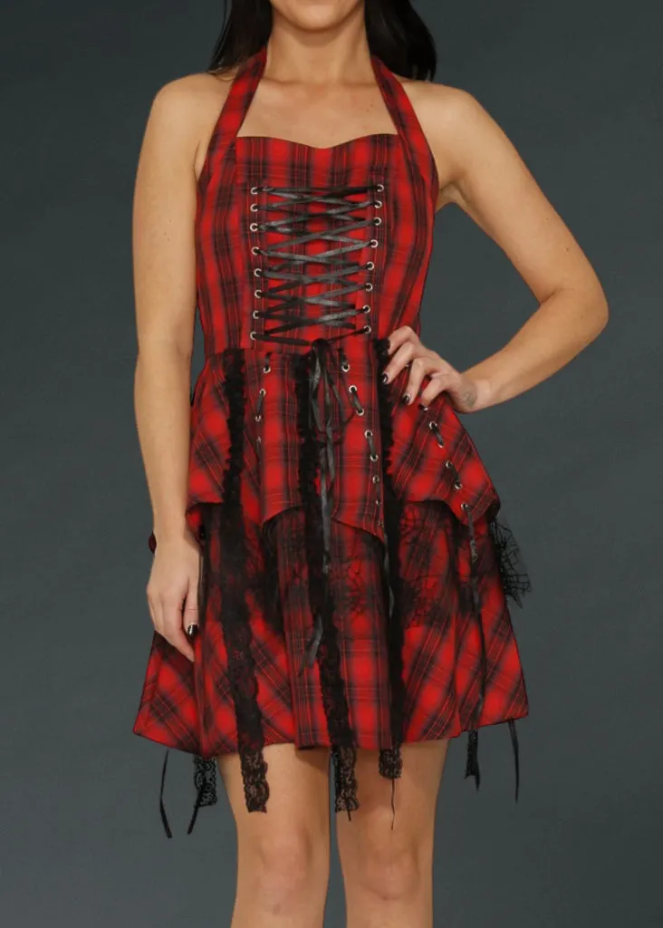 Rebellion Red Plaid Goth Mini Dress With Corset Lacing