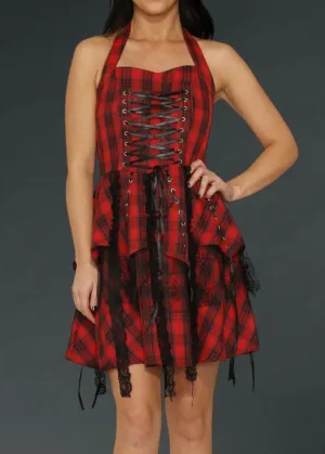 Rebellion Red Plaid Goth Mini Dress With Corset Lacing
