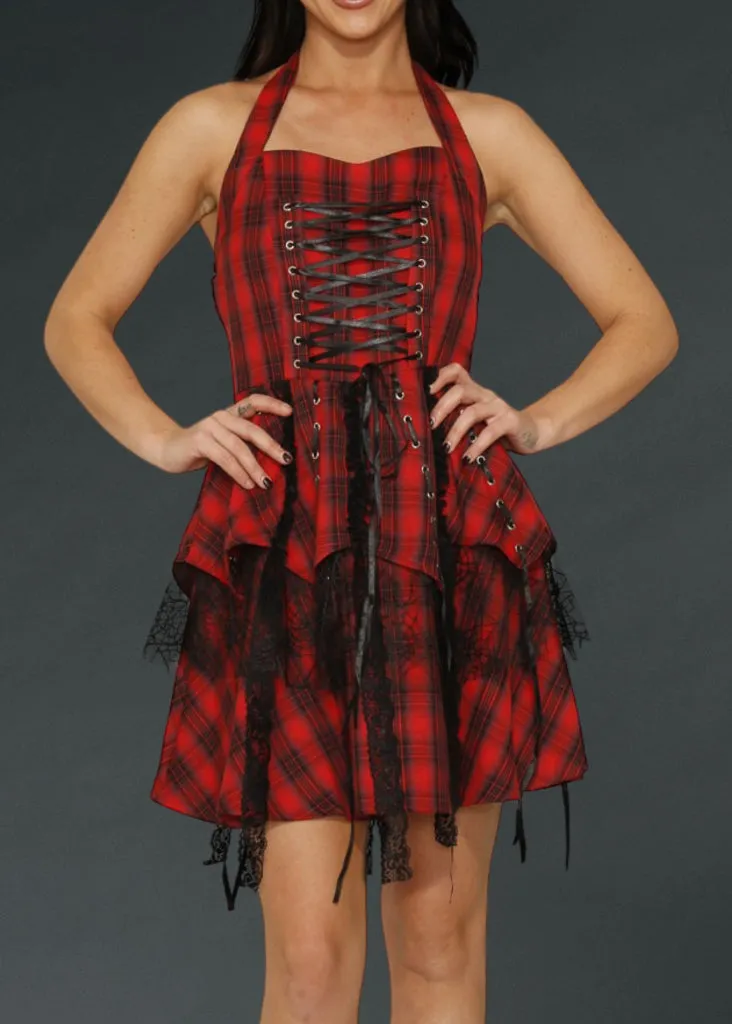 Rebellion Red Plaid Goth Mini Dress With Corset Lacing