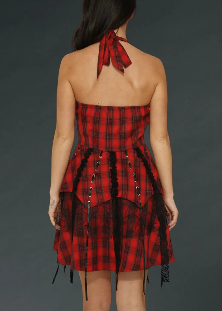 Rebellion Red Plaid Goth Mini Dress With Corset Lacing