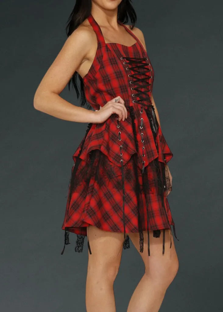 Rebellion Red Plaid Goth Mini Dress With Corset Lacing