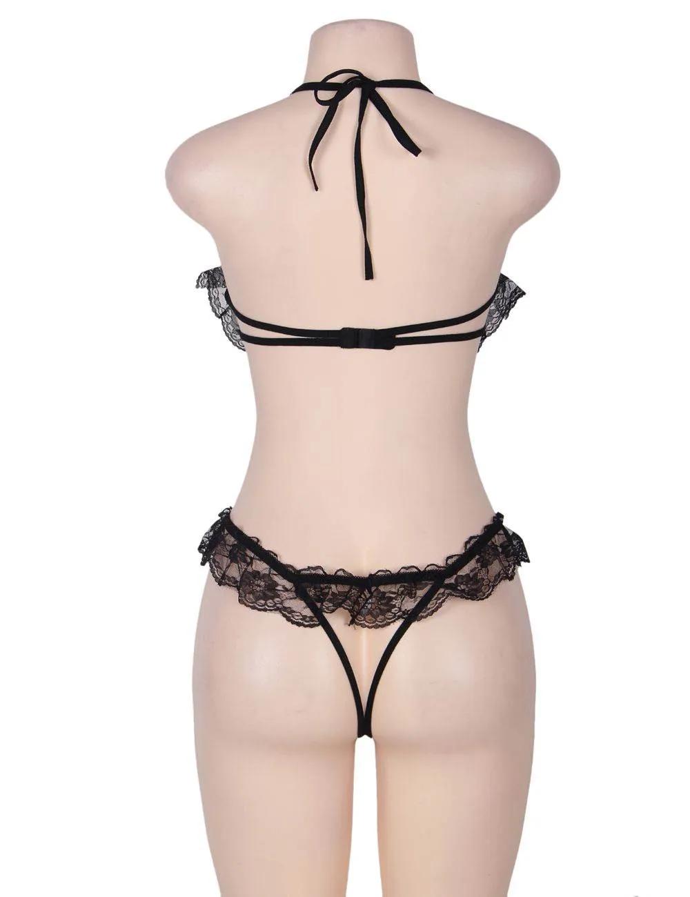 Red Lace Halter Babydoll Showing Nipples