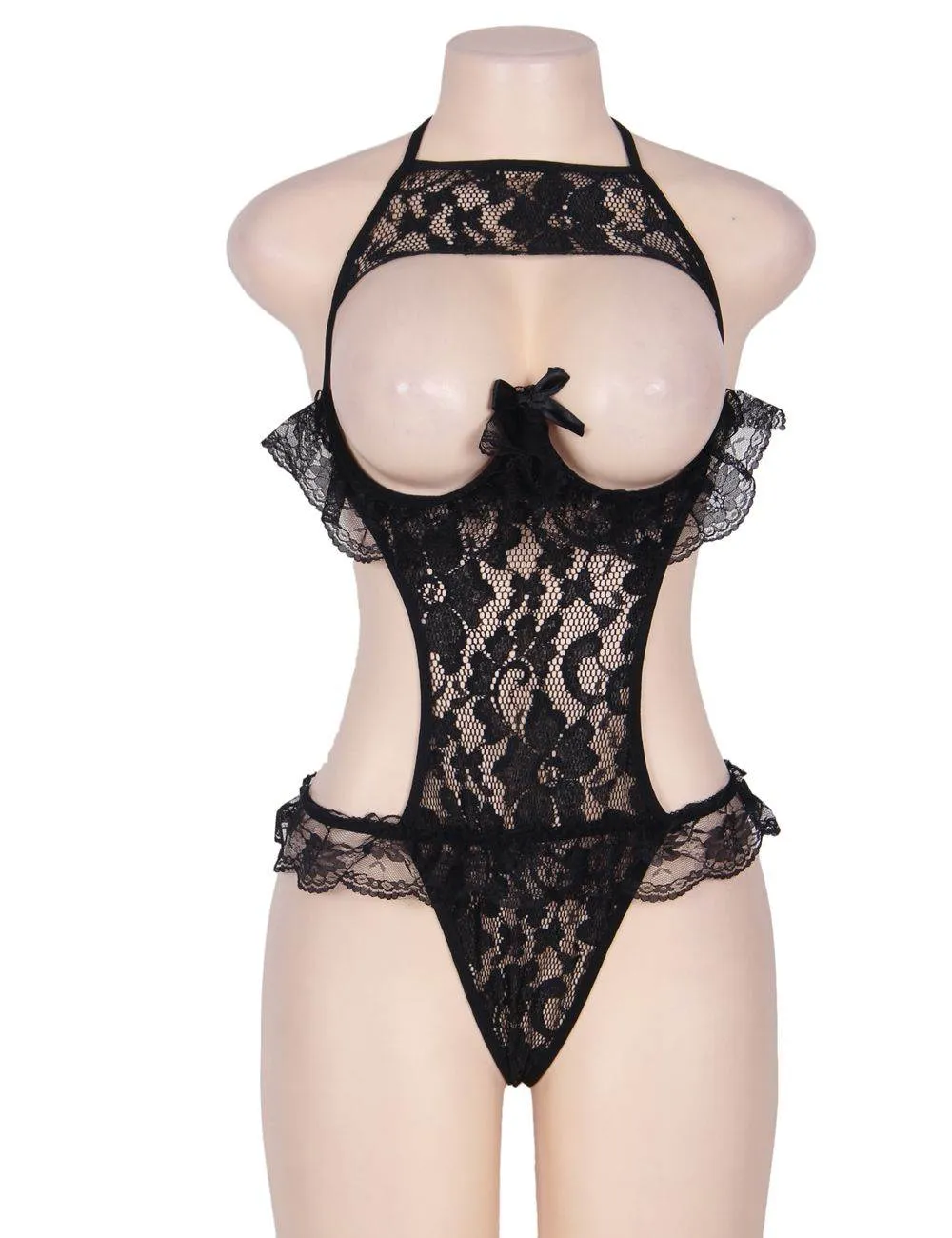 Red Lace Halter Babydoll Showing Nipples