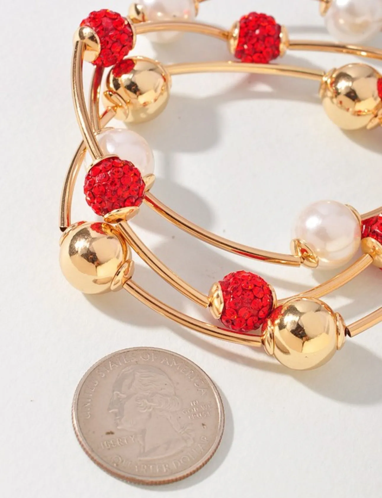 Red Sparkle, Pearl and Gold Bead Bracelet Set