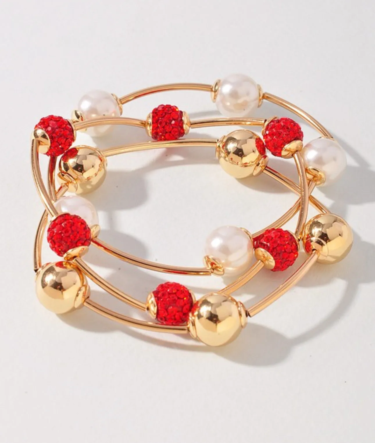 Red Sparkle, Pearl and Gold Bead Bracelet Set