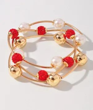 Red Sparkle, Pearl and Gold Bead Bracelet Set
