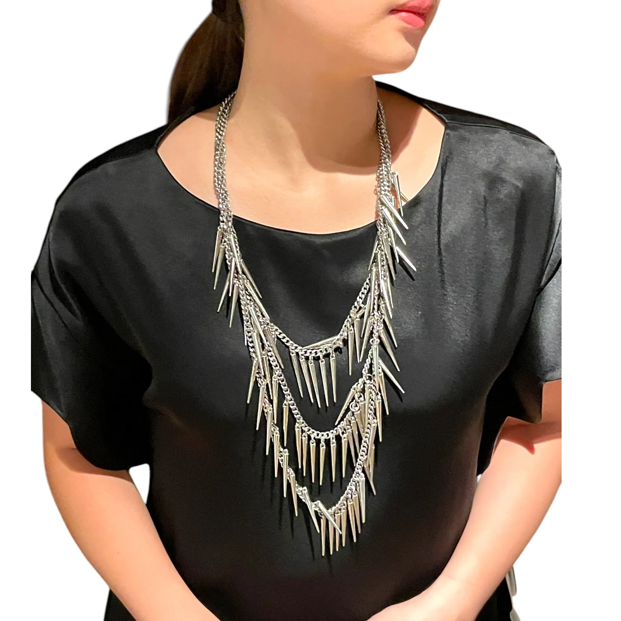 Rock & Roll - Edgy Silvertone Messy Spikes Necklace