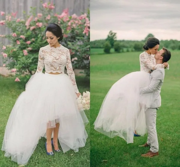 Roycebridal Wedding Dresses  Two Pieces High Low Tulle Skirt Lace Top Long Sleeves Crew Women Bridal Gown robe de mariee novia mariage