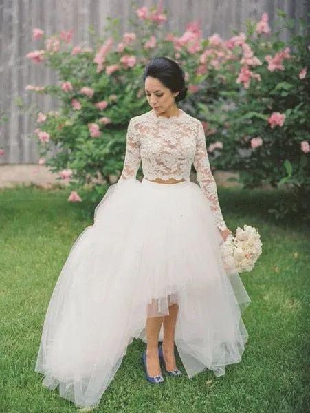 Roycebridal Wedding Dresses  Two Pieces High Low Tulle Skirt Lace Top Long Sleeves Crew Women Bridal Gown robe de mariee novia mariage
