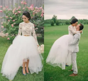 Roycebridal Wedding Dresses  Two Pieces High Low Tulle Skirt Lace Top Long Sleeves Crew Women Bridal Gown robe de mariee novia mariage