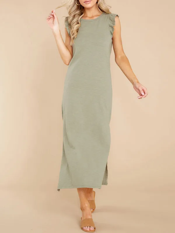 Ruffled Shoulder A-line Knitted Dress with Side Slit